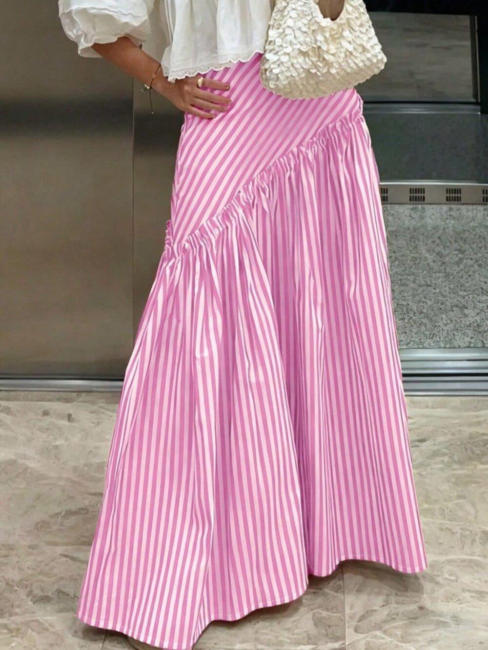 Pink Casual,Elegant Women's Casual A-Line Striped Ruffle Hem Skirt